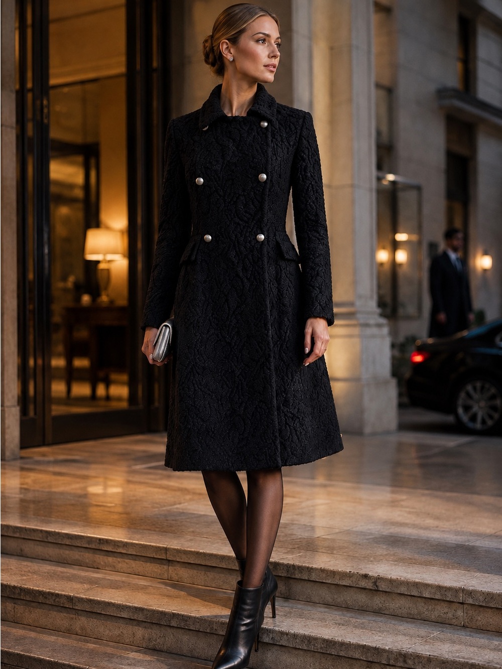 Carolina Herrera Navy Blue Textured Double-Breasted Pea Coat 4151MP